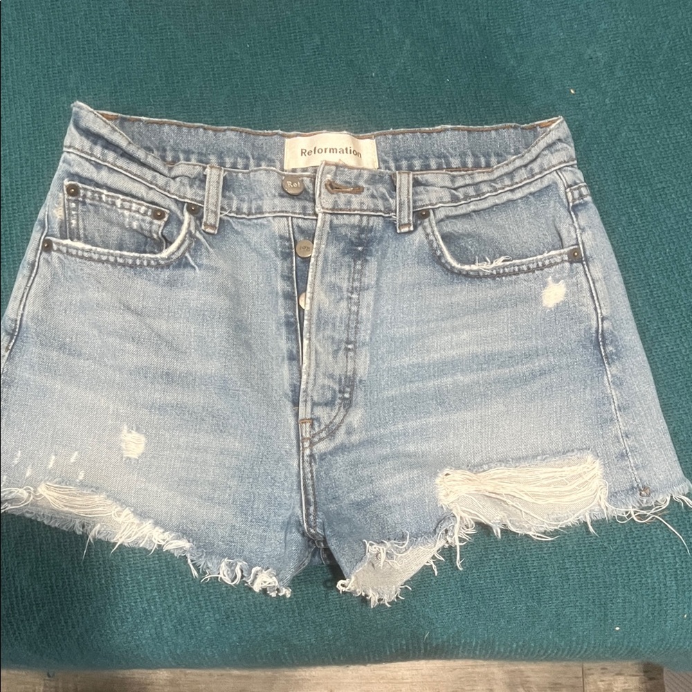 REFORMATION
Dixie High Waist Cutoff Denim Shorts In Bali